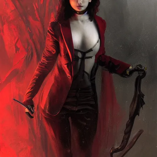 Prompt: portrait of aalia bhatt upper body in bloody business suit, blood red eyes, vampire fangs, fantasy, intricate, elegant, highly detailed, digital painting, artstation, concept art, matte, sharp focus, illustration, art by aenaluck and roberto ferri and greg rutkowski, epic fantasy, digital painting