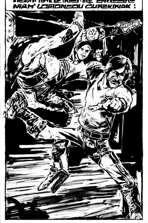 Prompt: chuck norris doing a high kick, a page from cyberpunk 2 0 2 0, style of paolo parente, style of mike jackson, adam smasher, johnny silverhand, 1 9 9 0 s comic book style, white background, ink drawing, black and white, colouring pages