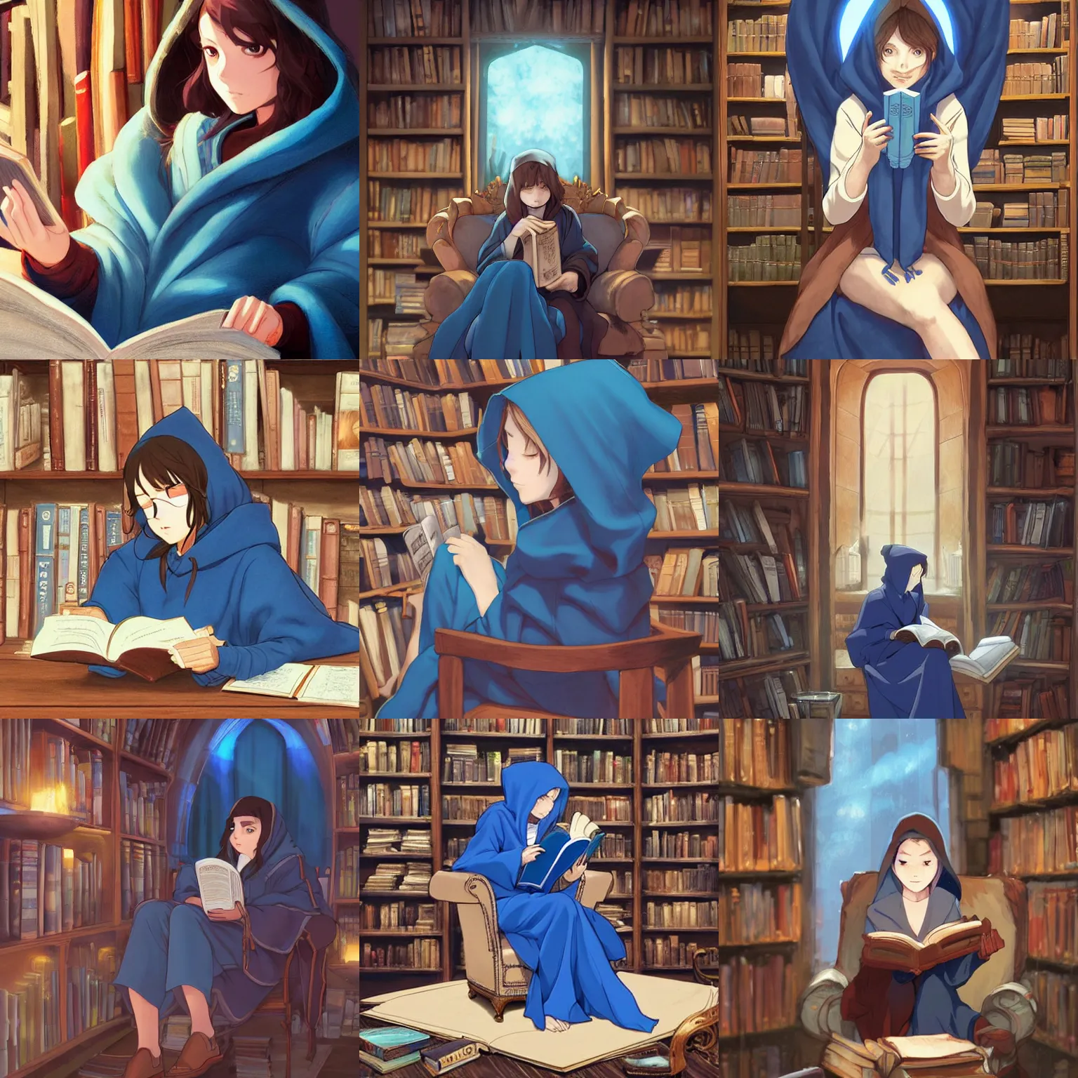 Prompt: a female wizard with brown hair wearing a blue hood and blue robe sitting in an armchair reading a book in an old library, ambient lighting, highly detailed, digital painting, trending on pixiv fanbox, studio ghibli, extremely high quality artwork, art by ross tran and artgerm and makoto shinkai