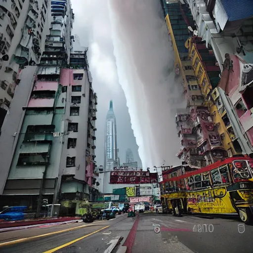 Image similar to a tornado ripping through the city of hong kong