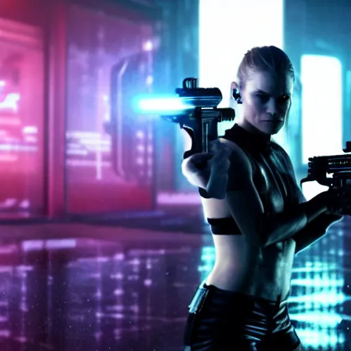 Image similar to anna paquin starring in a cyberpunk movie in a distopic futuristic city in the style of bladerunner, wearing a cropped black tank top, mini shorts and black boots, firing a gun, muzzle flash, movie still, highly detailed, rainy night, volumetric lights, studio lighting, dramatic, scifi, sharp focus