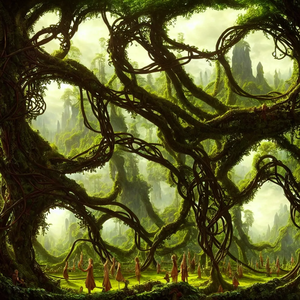 Prompt: a beautiful and highly detailed matte painting of an elven temple in a magical fantasy garden in a lush forest, ancient runes, knotted trees, tangled vines, intricate details, epic scale, insanely complex, 8 k, sharp focus, hyperrealism, very realistic, by caspar friedrich, albert bierstadt, james gurney, brian froud,