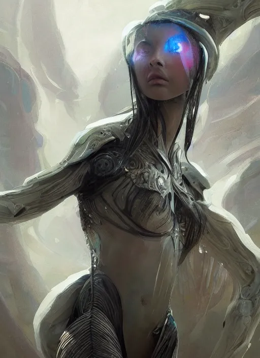 Image similar to a professional painting of a beautiful young female alien, clothed in ethereal armor, olive skin, long dark hair, beautiful bone structure, symmetrical facial features, intricate, elegant, digital painting, concept art, smooth, sharp focus, illustration, from Valerian and the City of a Thousand Planets, by Ruan Jia and Mandy Jurgens and Artgerm and William-Adolphe Bouguerea