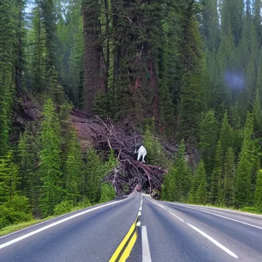 Image similar to fallen tree in highway traffic. Sasquatch Bigfoot peeking out from forest