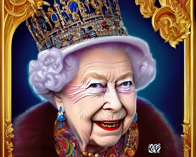 Prompt: hrh queen elizabeth making very funny and silly faces, photography of kurzgesagt, deep focus, d & d, fantasy, intricate, elegant, highly detailed, digital painting, artstation, concept art, matte, sharp focus, illustration, hearthstone, art by artgerm and greg rutkowski and alphonse mucha