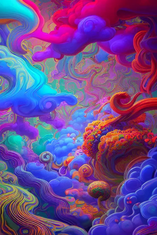 Image similar to colorful liquid smoke and clouds forming faces, animal shapes and flowers, an extremely colorful psychedelic experience, dmt, psilocybin, lsd, intricate, elegant, highly detailed, digital painting, artstation, smooth, sharp focus, illustration, art by krenz cushart, hana yata, octane render, unreal engine, 8 k