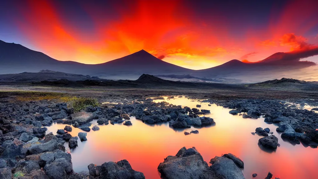 Prompt: amazing landscape photo of a volcano with lake in sunset by marc adamus, beautiful dramatic lighting