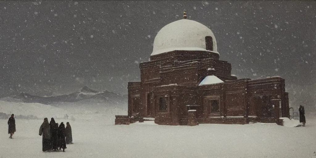 Image similar to observatory covered by snow, temple, tibetian mountains by Fernand Khnopff