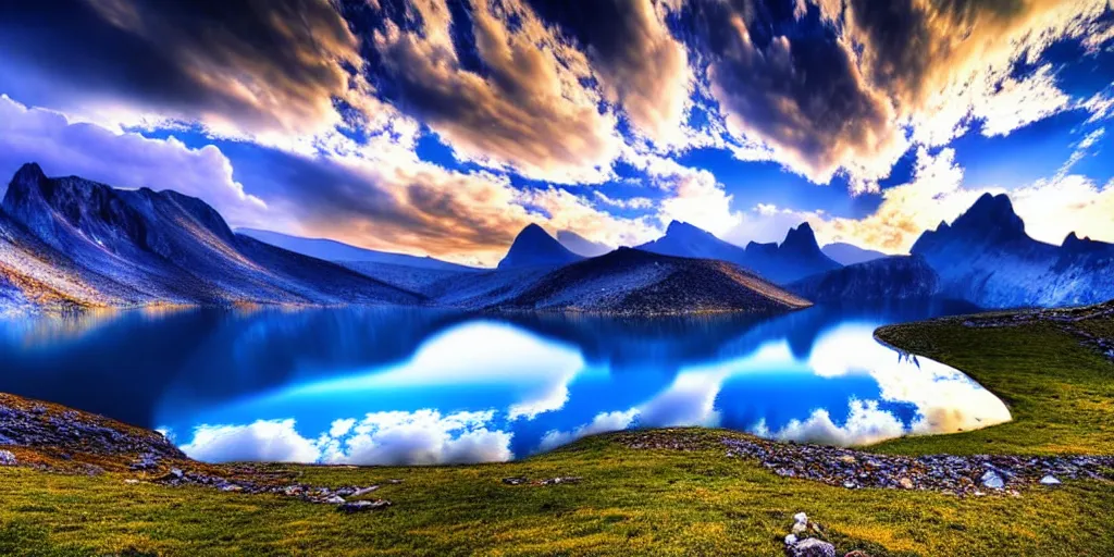 Prompt: a beautiful landscape, sun rises between two mountains, a lake in between the mountains, blue sky, cloudy, photograph, high resolution, extremely detailed, hyper realism