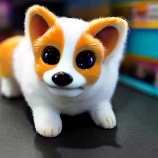 Image similar to corgi furby toy on a store shelf, cute, hyperrealistic, award - winning photograph