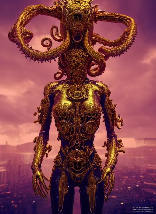 Prompt: a photo of 8 k ultra realistic corrupted lovecraftian golden humanoid queen standing next to a pink and blue solarpunk city, 8 intricate white and gold tentacles, ornate white and gold armour, cinematic lighting, trending on artstation, 4 k, hyperrealistic, focused, extreme details, unreal engine 5, cinematic, masterpiece