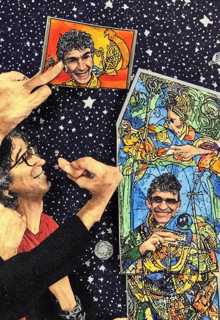 Image similar to Yoshua Bengio smiling on the Tarot card. Illustration.