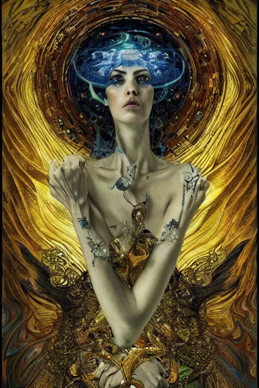 Image similar to Intermittent Chance of Chaos Muse by Karol Bak, Jean Deville, Gustav Klimt, and Vincent Van Gogh, beautiful Surreality portrait, enigma, Loki's Pet Project, destiny, Poe's Angel, fate, inspiration, muse, otherworldly, fractal structures, arcane, ornate gilded medieval icon, third eye, spirals