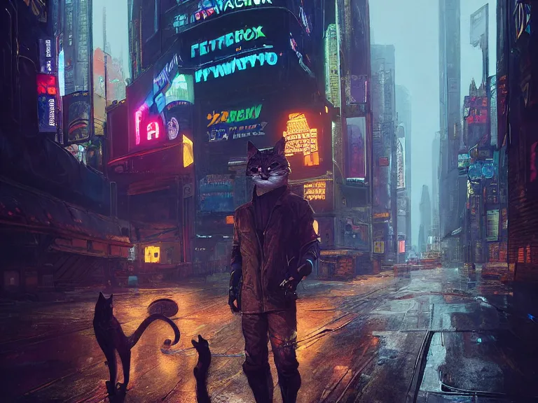 Image similar to new york city portrait of furry anthro anthropomorphic cat head animal person fursona wearing clothes strange cybernetic muzzle gloomy rainy screenshot from the video game cyberpunk 2077 digital art by Greg Rutkowski, Simon Stalenhag, christopher nolan trending on Artstation, CGSociety