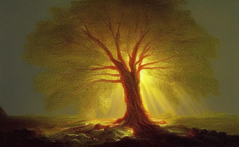 Image similar to a tree made of light painted by thomas cole