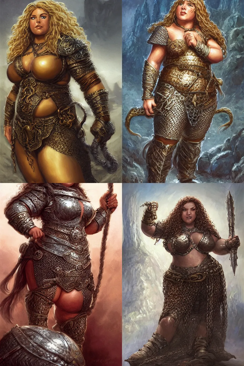 Prompt: chubby female dwarven woman wearing pristine steel chainmail | neat elaborated long curly braided golden hair | big nose | beautiful plump body | intricate, highly detailed, digital painting, artstation, concept art, dungeons and dragons , art by jeff easley and ralph horsley