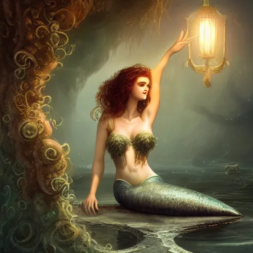 Image similar to beautiful mermaid with curly hair, magical details, magical atmosphere, cinematic lighting, hyper - detailed, cgsociety, 3 - d 8 k, high resolution, in the style of charlie bowater, tom bagshaw, alexis franklin, elena masci, pawel rebisz