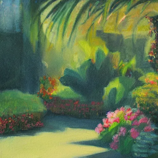 Prompt: A soft painting of a warm garden, low detail