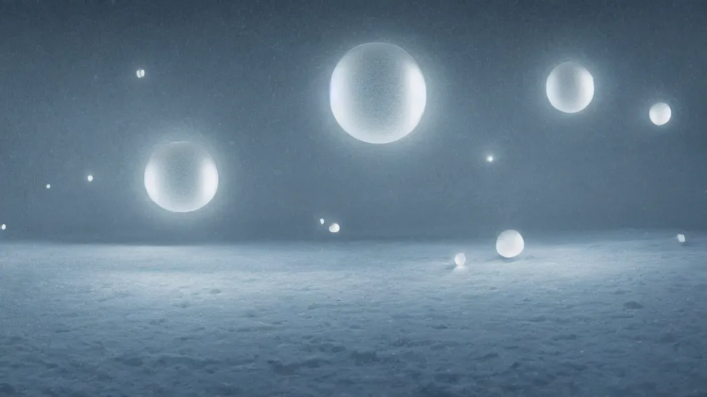 Prompt: a surreal dreamlike scene of transparent spheres floating over a barren snowy landscape, somber melancholic matte painting, highly detailed oil painting, liminal space, 8k, stillness, solitude, icy cold pale silent atmosphere, masterpiece