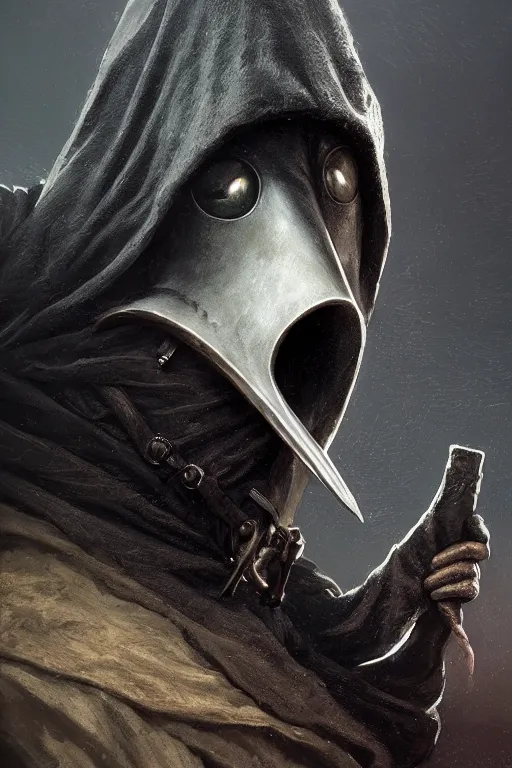 Image similar to A closeup of a Plague Doctor with a beak like mask by Greg Rutkowski, Dan Mumford, Christophe Vacher, Bloodborne, 4k photorealistic, volumetric lighting, HD, high details, dramatic, dark atmosphere, trending on artstation