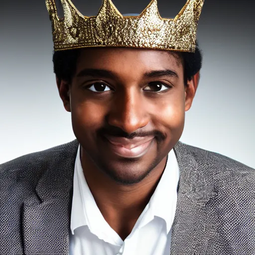 Prompt: man with a crown, smirk, photograph, black backgrounds