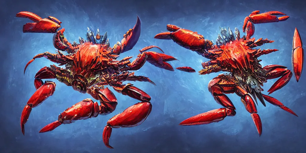 Image similar to Iridescent crab seamonster, character design sheet, Monster Hunter Illustrations art book, diamond sharp claws, huge arms, iridescent shards on its back, Moebius, Greg Rutkowski, Zabrocki, Karlkka, Jayison Devadas, Phuoc Quan, trending on Artstation, 8K, ultra wide angle, zenith view, pincushion lens effect.