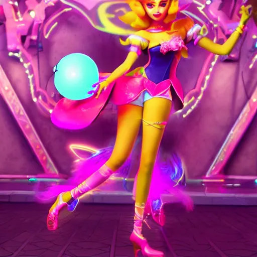 Prompt: Princess peach mixed with jinx from league of legends, dancing, background with neon lighting, fullshot, raytrayced, octane render, epic composition, intricate details, hyperrealist, by Joe Benitez, WLOP, Alessandro Barbucci, Barbara Canepa