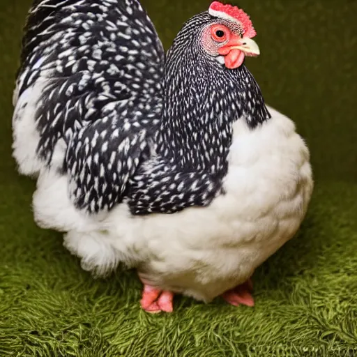 Image similar to cute!!! barred Plymouth Rock chicken, studio!! Portrait lighting, spotted with small white hearts!!