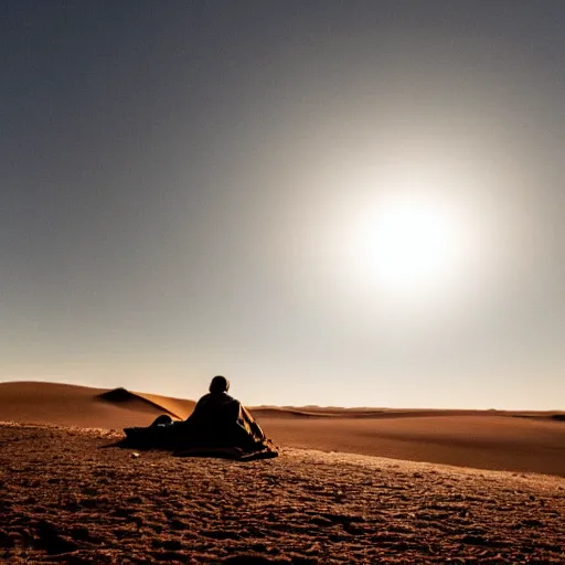 Image similar to a photo of Ghandi sleeping rough in the Sahara during eclipse sunrise, perfect lighting