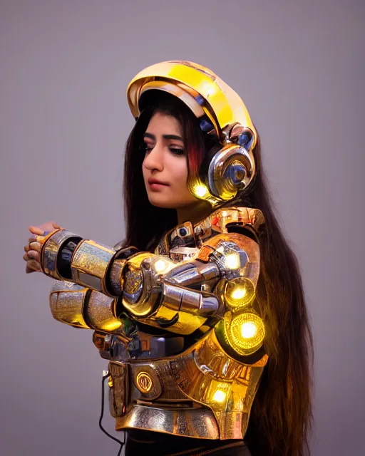 Prompt: centered medium shot fine studio photograph of a beautiful persian girl wearing only a mecha electronic helmet with led lights and persian golden ornaments, ultra-realistic, white background, 8k HDR sunset lit, intricate detail