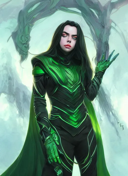 Image similar to billie eilish as female loki by Stanley Artgerm Lau, WLOP, Rossdraws, James Jean, Andrei Riabovitchev, Marc Simonetti, and Sakimichan, trending on artstation