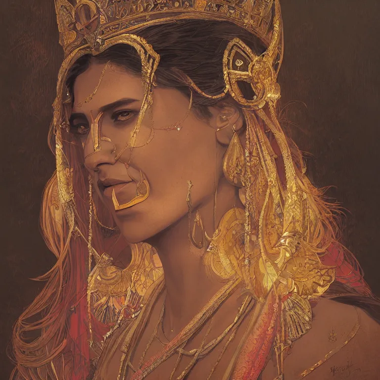 Image similar to portrait of an indian queen, D&D, fantasy, highly detailed, digital painting, artstation, concept art, smooth, sharp focus, illustration, art by greg rutkowski and alphonse mucha and Marta Dahlig
