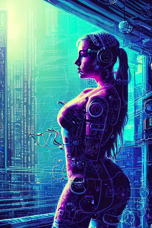 Prompt: dreamy cyberpunk girl full body shot, abstract background, digital nodes, beautiful woman, detailed acrylic, grunge, intricate complexity, by dan mumford and by jonathan solter