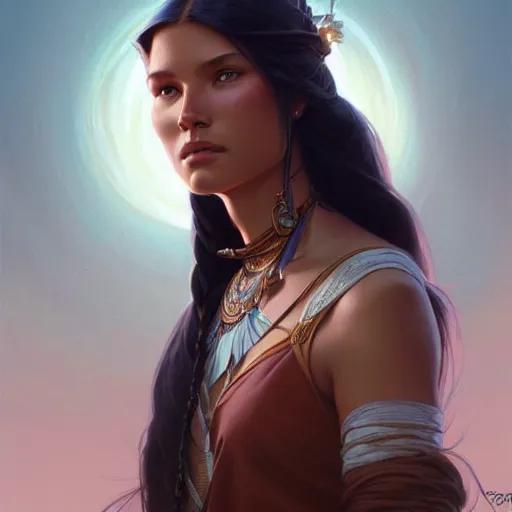 Image similar to Pocahontas, D&D, fantasy, intricate, elegant, highly detailed, digital painting, artstation, concept art, matte, sharp focus, illustration, art by Artgerm and Greg Rutkowski and Alphonse Mucha