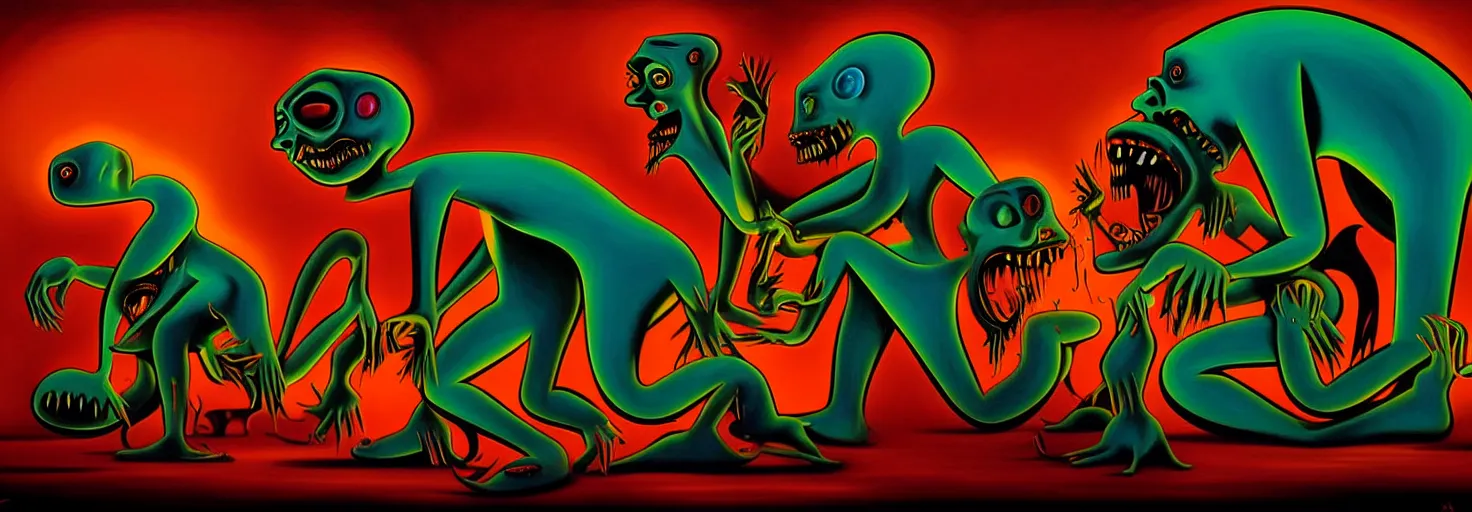 Prompt: visceral freaky monsters from the darkest depths of collective unconscious, dramatic glowing lighting, 1 9 3 0 s fleischer cartoon characters, wild emotional expressions - surreal painting by ronny khalil