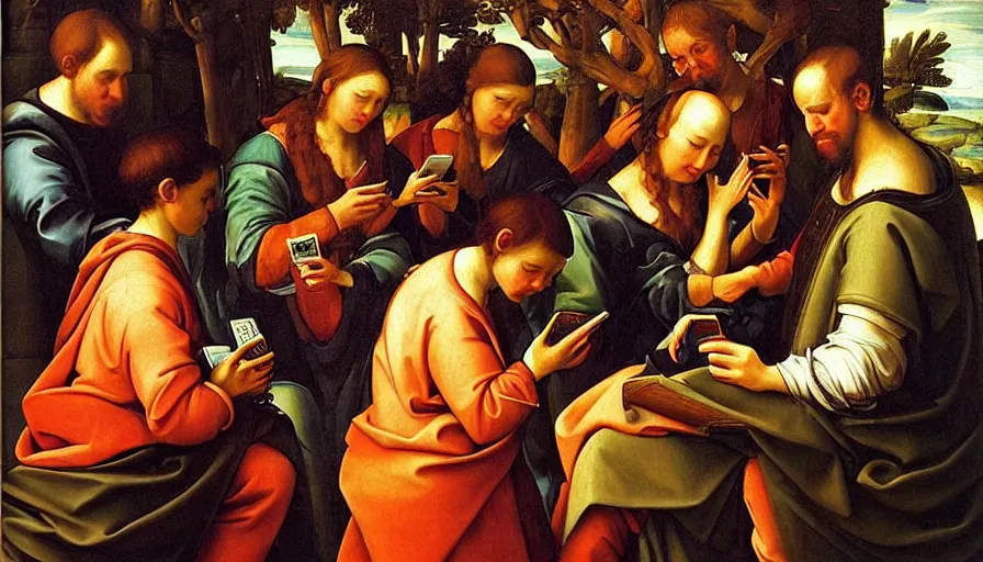 Image similar to people using smartphones!!, renaissance painting, oil painting, hyperdetailed