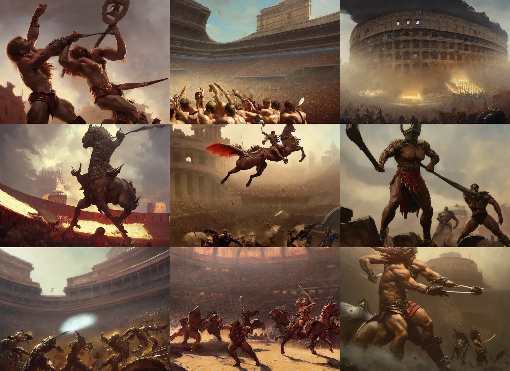 Prompt: A closeup oil painting of a gladiatorial arena match, by Greg Rutkowski, Frank Frazetta, Boris Vallejo, epic fantasy character art, olympus, Exquisite detail, post-processing, masterpiece, cinematic, Coliseum of Rome