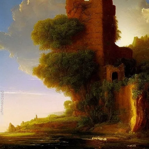 Prompt: romantic landscape with ruined tower, thomas cole, landscape painting, romanticism