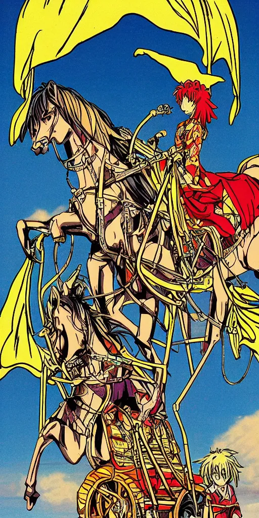 Image similar to a chariot drawn by horse in japan, 1990s anime, full color, tarot card the chariot,