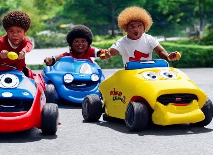 Image similar to peter dinklage racing emmanuel lewis driving a little tikes cars, movie still, from the new fast and furious movie, 8 k, realistic