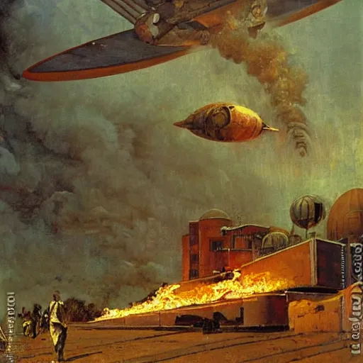 Image similar to a greek spaceship, stuck in the ground, the spaceship is on fire, smoke, rainstorm, lightning, angry, kinetic, adolphe bouguereaum, norman rockwell, highly detailed oil painting,