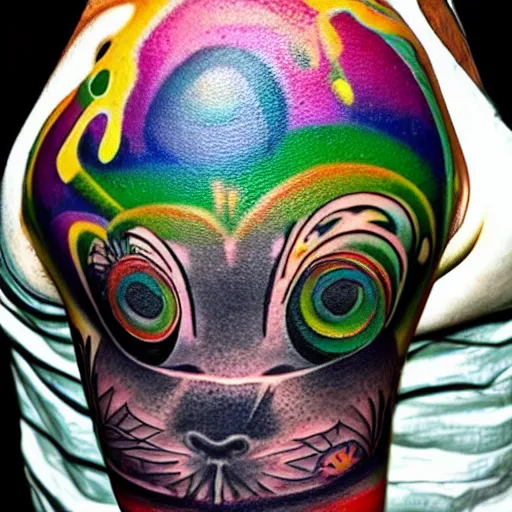 Image similar to shoulder tattoo of a multicolored trippy meditating cute bush baby, eyes are glowing rainbow spirals, happy mood, surrounded with colorful magic mushrooms and rainbow marihuana leaves, insanely integrate