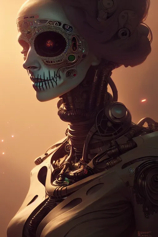 Image similar to ultra detailed Female Android, scifi, fantasy, octane render, (dia de los muertos), asymmetrical, intricate concept art, art by Godmachine and michael welan and DZO and greg rutkowski and alphonse mucha and loish and WLOP