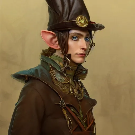 Image similar to Three quarters portrait of a elf gentleman steampunk, highly detailed, digital painting, art by Stanley Lau and Artgerm and magali villeneuve and Alphonse Mucha, artstation, octane render, cgsociety