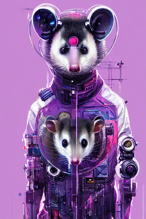 Image similar to a beautiful portrait of a cute cyberpunk opossum by sandra chevrier and greg rutkowski and wlop, purple blue color scheme, high key lighting, volumetric light, digital art, highly detailed, fine detail, intricate, ornate, complex, octane render, unreal engine, photorealistic