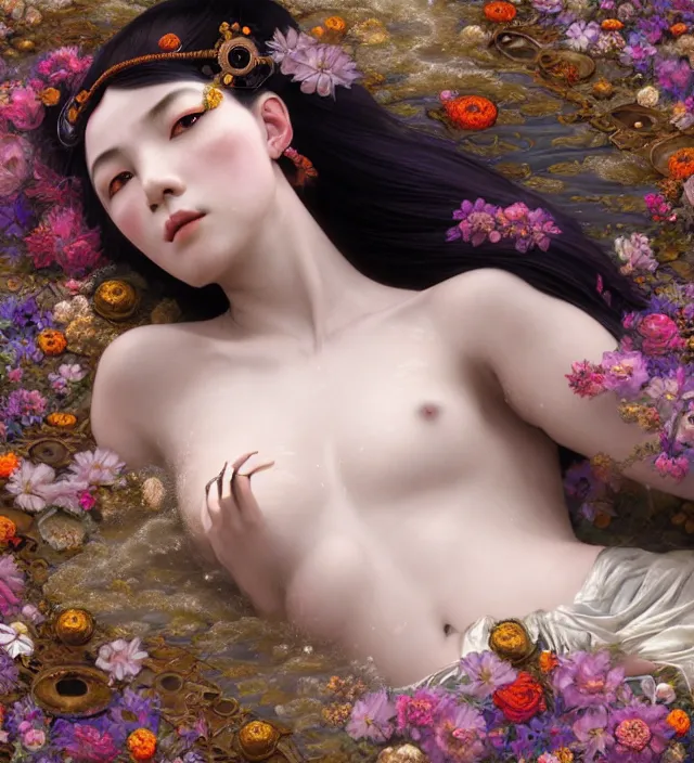 Image similar to baroque portrait of one steampunk bohemian geisha woman of porceline skin lying down in a river made of thousand of flowers, cinematic lighting, photorealistic, octane render, 8 k, depth of field, art by artgerm and greg rutkowski and alphonse mucha and uang guangjian