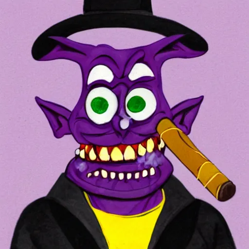Image similar to bald purple goblin with yellow eyes, wearing a hat and a scarf, smoking a cigar, smiling, earrings, rotten teeth