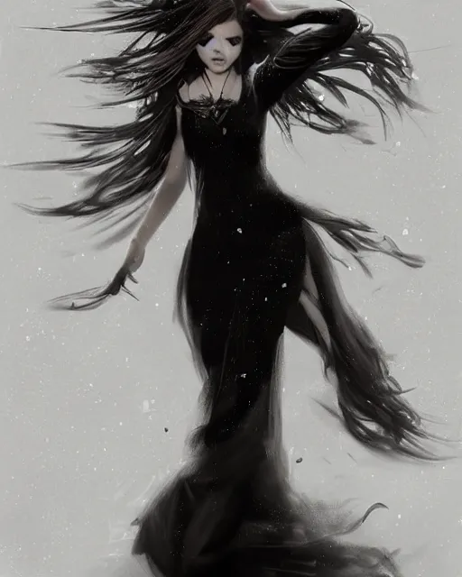 Image similar to a girl with long, flowing auburn hair at a dance, dancing, she has a long flowing black and white dress. victorian background, raining, long shot, portrait, artstation, concept art by greg rutkowski.