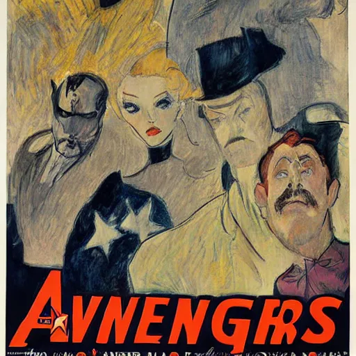 Prompt: Poster of the Avengers movie by Toulouse-Lautrec