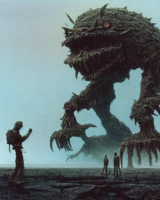 Image similar to group of scientists around giant dead kaiju, retrofuturism sci - fi old movie, highly detailed, photorealistic, 8 k, by beksinski and stalenhag